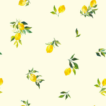 Beautiful vector seamless pattern with watercolor fresh lemons with leaves and flowers in sunny Mediterranean style. Ready summer print design for wallpapers, wrappings, textile.