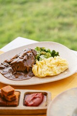 Steak with Mushroom Gravy, Mashed Potatoes, and Broccoli