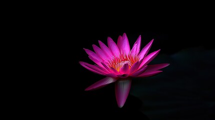 Pink lotus flower blooming centrally symbolizes enlightenment, harmony with nature, dark green leaves background contrasts delicate petals, conveying peace, serenity, spiritual unity