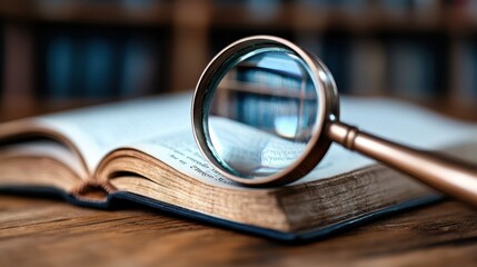 A magnifying glass sitting on top of an open book