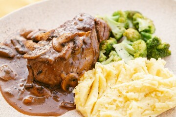 Steak with Mushroom Gravy, Mashed Potatoes, and Broccoli