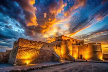 Fototapeta premium Arad Fort, Bahrain: Night's long exposure captures Muharraq's historic architectural beauty in the Middle East.