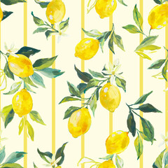 Beautiful vector seamless pattern with watercolor fresh lemons with leaves and flowers in sunny Mediterranean style. Ready summer print design for wallpapers, wrappings, textile.