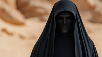 A woman wearing a black veil in the desert