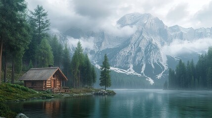 Fototapeta premium Lake Braies Dolomites mountain landscape with wooden house on lake, surrounded by green forest, high mountains, clouds, green water, sunny day, high resolution, natural lighting, cloudy sky