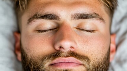 Obraz premium A man with his eyes closed and his head resting on a pillow