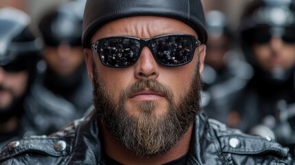 Fototapeta premium A man with a beard wearing a leather jacket and sunglasses