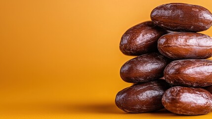 A pile of coffee beans on a yellow background