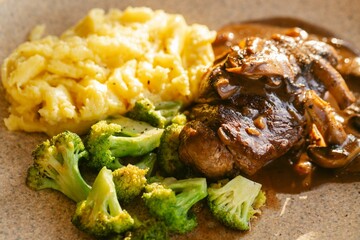 Steak with Mushroom Gravy, Mashed Potatoes, and Broccoli