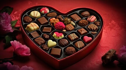 Heart-shaped box of chocolates filled with assorted types and colors, red velvet background, soft lighting gentle shadows, small vase with flowers, romantic Valentine's Day gift