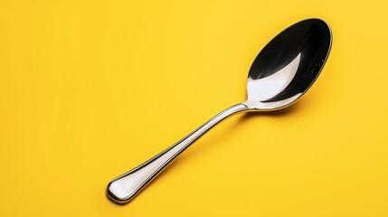 A shiny silver spoon rests on a vibrant yellow background, showcasing its sleek design and reflective surface.