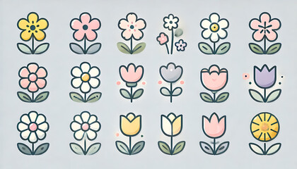 カラフルなシンプルフラワーデザインセット - 春の花のイラストコレクション　AI生成