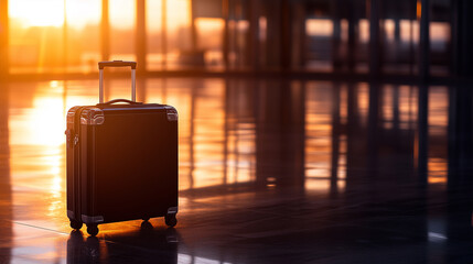 The baggage reclaim area is bathed in the glow of the sunset, highlighting the lonely silhouette of a forgotten black hardshell carry-on suitcase with its sturdy wheels and metalli