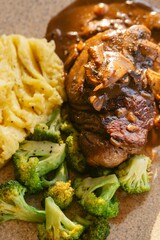 Steak with Mushroom Gravy, Mashed Potatoes, and Broccoli