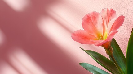 Fototapeta premium A single pink flower with green leaves in front of a pink wall