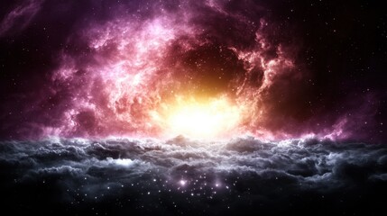 A purple nebula with a bright light in the middle of the clouds
