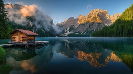 Fototapeta premium Lake Braies Dolomites mountain landscape with wooden house on lake, surrounded by green forest, high mountains, clouds, green water, sunny day, high resolution, natural lighting, cloudy sky