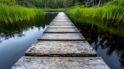 Fototapeta premium A wooden boardwalk in the middle of a lake surrounded by tall grass