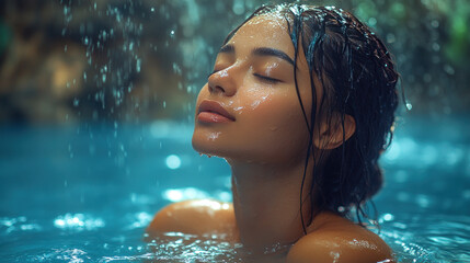 Obraz premium Malay woman closed eyes relax enjoy swimming at nature lagoon in jungle
