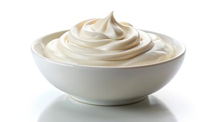 A tilted miniature world: creamy yogurt swirls in a bowl, pristine white background, highlighting the dairy's texture.