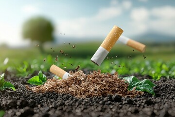 Cigarette Butts Disposing in Soil with Green Leaves and Nature Background