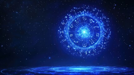 Obraz premium Image of zodiac wheel spinning on starry night sky. Horoscope, zodiac, star signs and astrology concept digitally generated image.