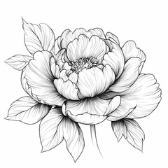 Detailed black and white illustration of a peony flower with intricate leaf designs. Generative AI