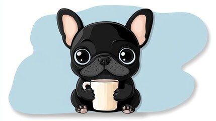 Obraz premium A cartoon french bulldog holding a cup of coffee