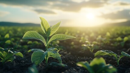 A new plant sprouting up in an open field, with soft sunlight casting a glow on the leaves.
