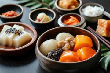 Korean snacks such as hangwa paired with traditional drinks like sweet rice sikhye and persimmon punch