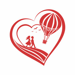 A sweet Valentine's Day scene with a heart balloon and a couple, adorned with decorative designs.