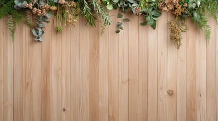 A wooden background with a bunch of plants and flowers on it