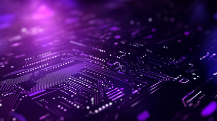 A high-tech purple metallic background features concentric patterns with holographic reflections, evoking an advanced digital interface in a sleek, modern aesthetic.