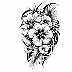 Obraz premium Intricate black and white floral tattoo design featuring diverse flowers and leaves. Generative AI