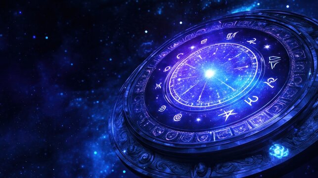 Image of zodiac wheel spinning on starry night sky. Horoscope, zodiac, star signs and astrology concept digitally generated image.