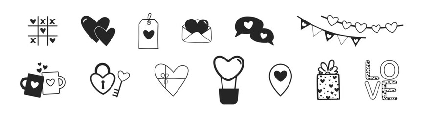 Valentines day doodles set, vector elements with hearts, love letters, envelopes with heart icons for valentine's day cards, posters, wrapping and design