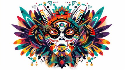 A bold tribal-inspired face painting design with vibrant colors and geometric elements on a white background.