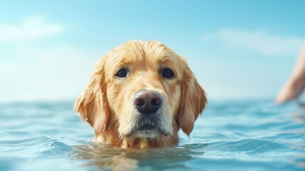 A golden retriever swimming in the ocean with a person in the background