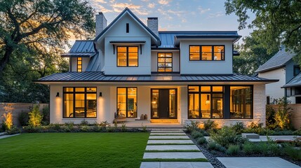  Contemporary modern farmhouse with a pitched roof and gabled dormers, painted a soft white with contrasting black window frames and a dark gray metal roof for a chic look.