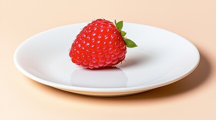 A vibrant strawberry rests on a white plate against a soft peach background, showcasing its fresh, juicy appeal.
