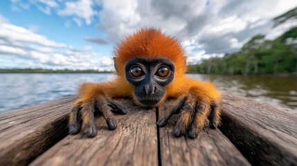 Obraz premium A monkey sitting on top of a wooden dock