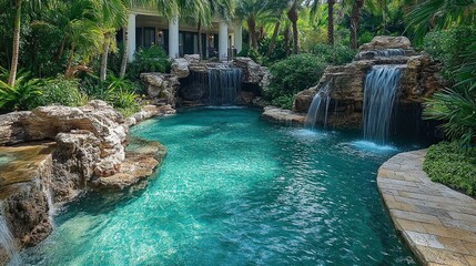 Naklejka premium Luxury tropical pool surrounded by palm trees and rock waterfalls, creating a relaxing oasis. Perfect for exotic vacations and tranquil retreats in paradise-like settings.