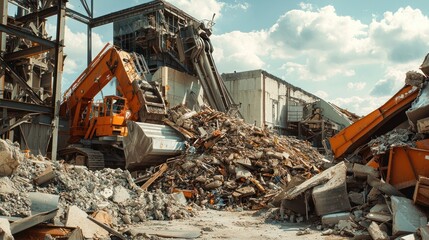 Fototapeta premium Demolition of an Industrial Building: Heavy Machinery and Debris
