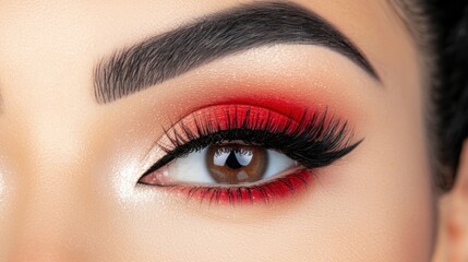 Obraz premium A close up of a woman's eye with a red eye shadow