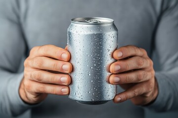 Man with a condensation covered aluminum can set against a gray backdrop