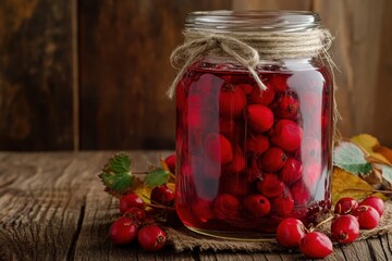 Making medicinal wine by soaking fresh hawthorn berries in red wine in a jar
