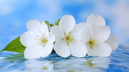 A bunch of white flowers floating on top of a body of water