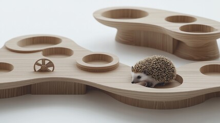 Obraz premium Hedgehog exploring a minimalist wooden habitat.