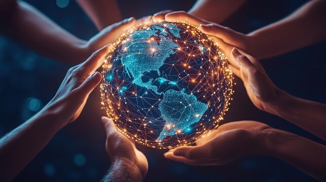  Hands holding a glowing globe with interconnected lights representing global connectivity, unity, and collaboration. Symbolizes humanity working together for a better future and global cooperation.