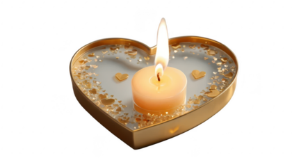 A delicate heart-shaped candle burning gently, with golden light reflecting on its surface, surrounded by small floating hearts, only on a transparent PNG background